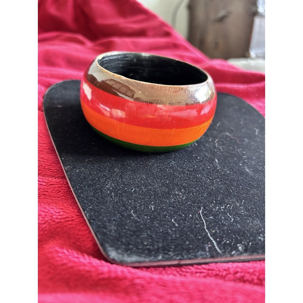 Wooden Striped Bangle Green Orange Red Brown Glossy (see Desc)
